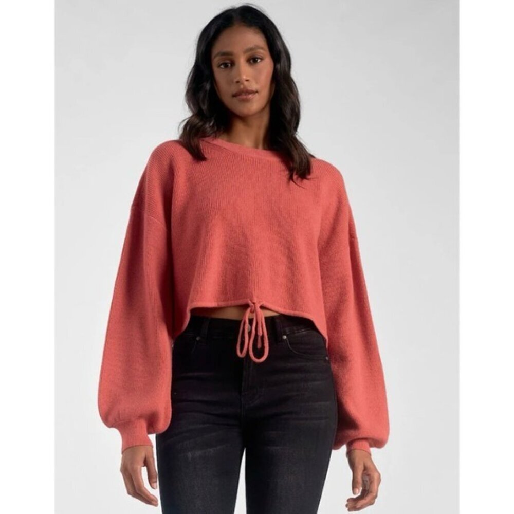 Elan Women's Top MEDIUM Drawstring Crop Knit Sweater Ruby Ballon Sleeve SW10899